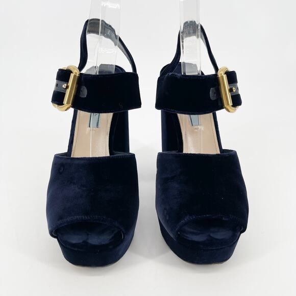 Prada Deep Navy Blue Velvet Block Heel Buckle Chunky Platform Sandal IT 38.5 - Picture 6 of 13